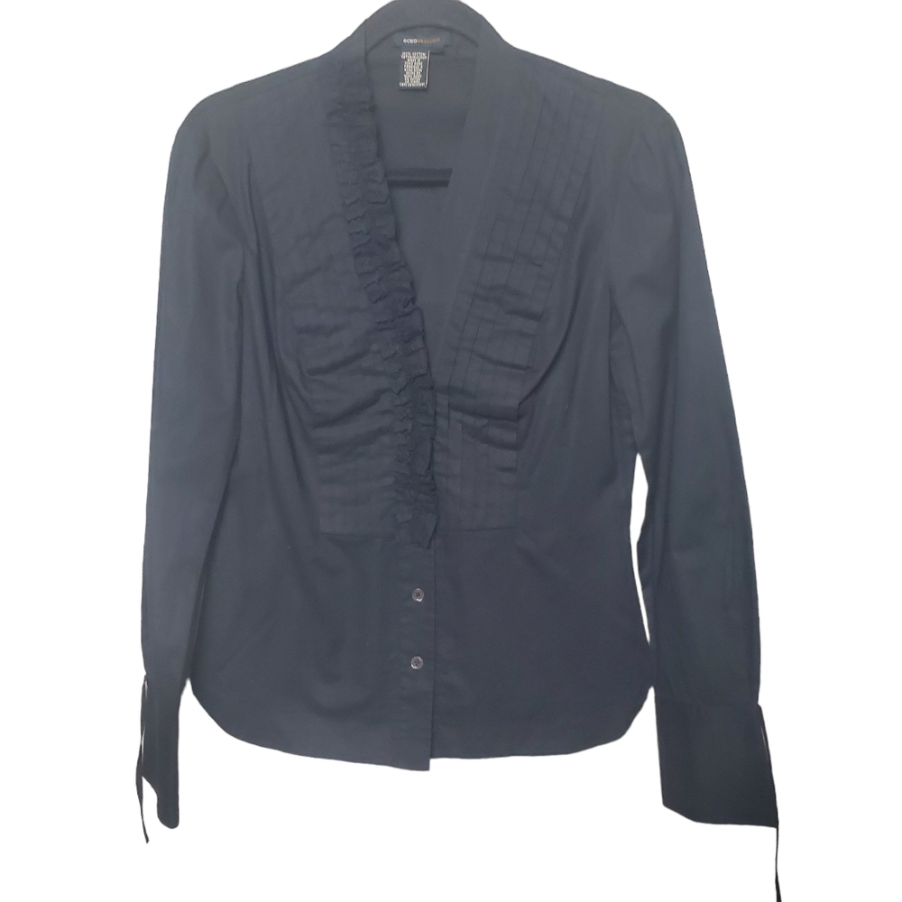 BCBG Max Azria | 100% Cotton Long Sleeve Ruffle Button Down Top | Black | 6